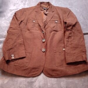 Talbots Blazer Jacket Womens Size 8 Brown Linen Blend Preppy Academia Pockets